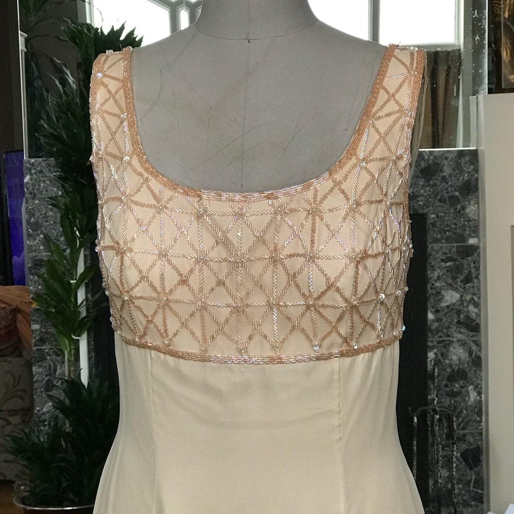 Special occasion beaded bodice silk chiffon gown